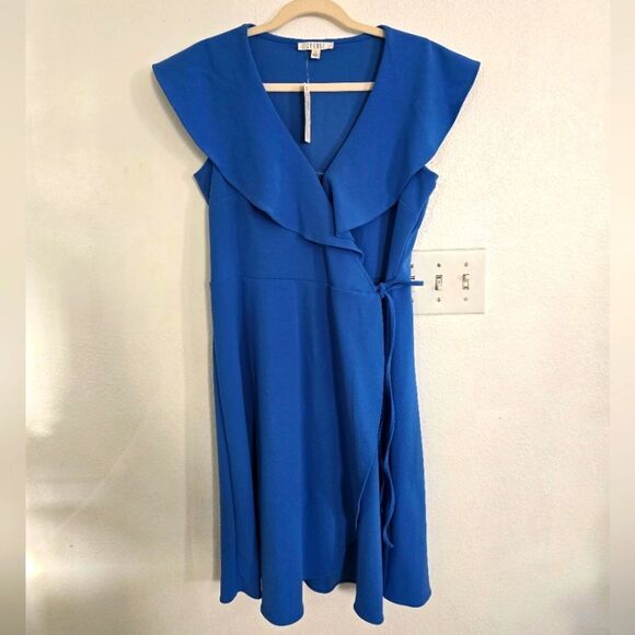 Spense Ruffle Crossover V-neck Wrapping Dress Size 8 In Blue - Picture 1 of 8